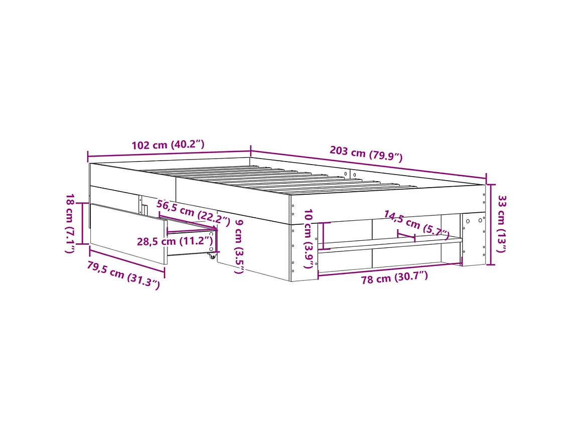 Letto per adulti | Letto singolo | Giroletto Grigio Cemento 100x200 cm in Legno Multistrato