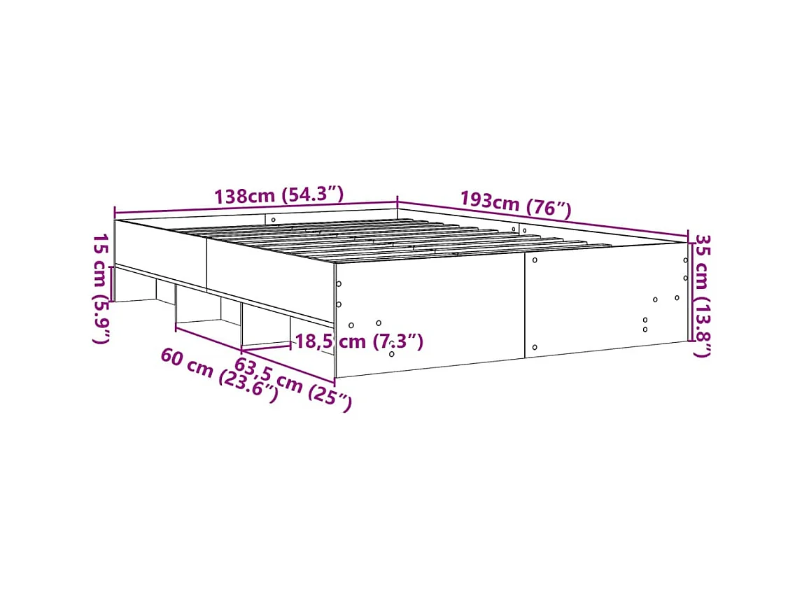 Lit double | Lit adulte | Cadre de lit gris béton 135x190 cm bois ingénierie