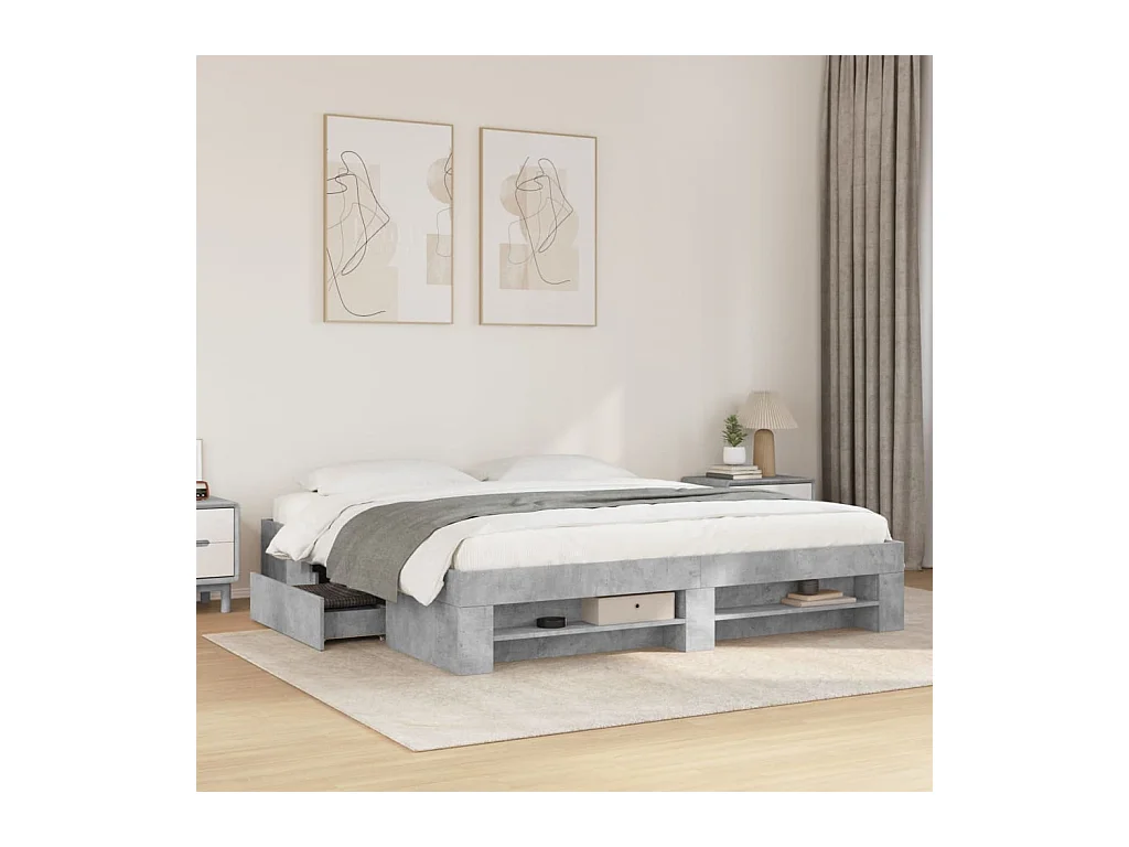 Lit double | Lit adulte | Cadre de lit gris béton 200x200 cm bois ingénierie