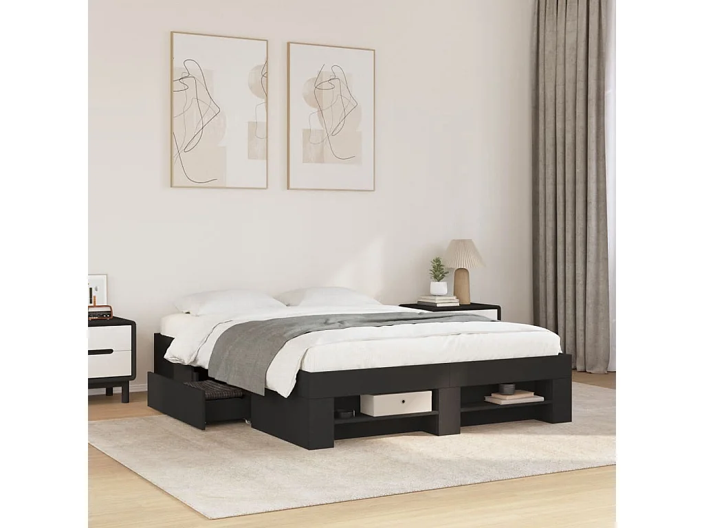 Lit double | Lit adulte | Cadre de lit noir 140x190 cm bois d'ingénierie