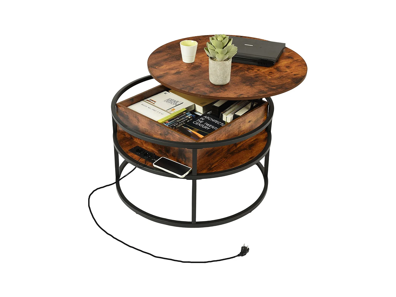 Table Basse Relevable, avec Compartiment Caché et Cadre Métallique Robuste, Table Basse Salon Bois Style Rétro, 80x80x48-62cm