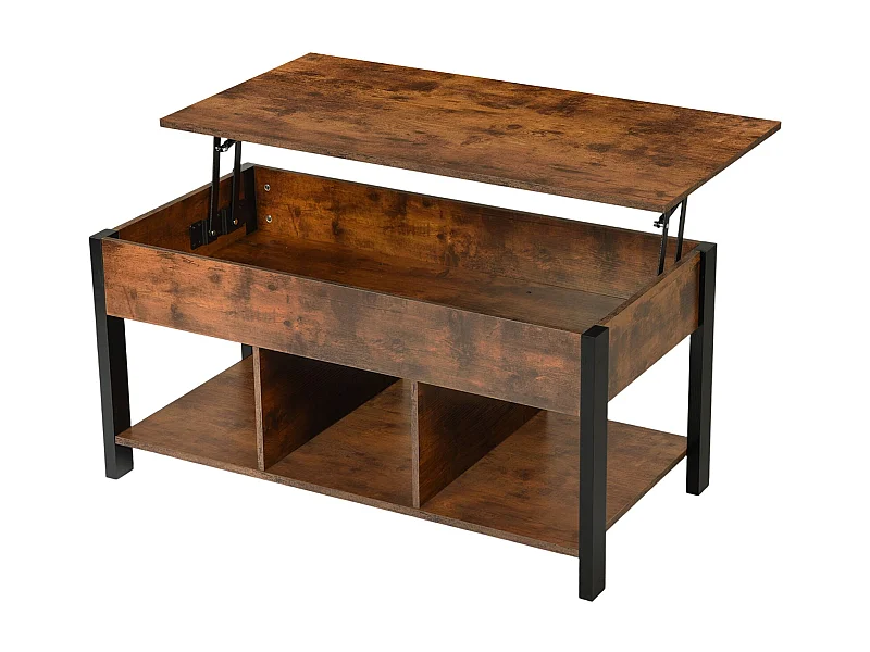 Table Basse Plateau Relevable Marron Rustique Noir 48 x 100 cm - Rangement Ouvert et Caché, Style Industriel