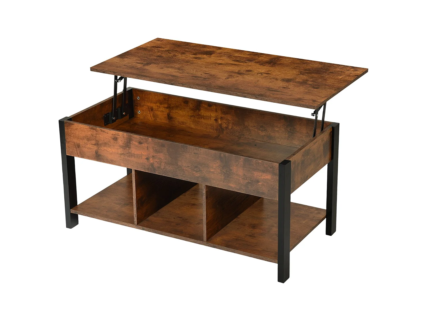 Table Basse Plateau Relevable Marron Rustique Noir 48 x 100 cm - Rangement Ouvert et Caché, Style Industriel
