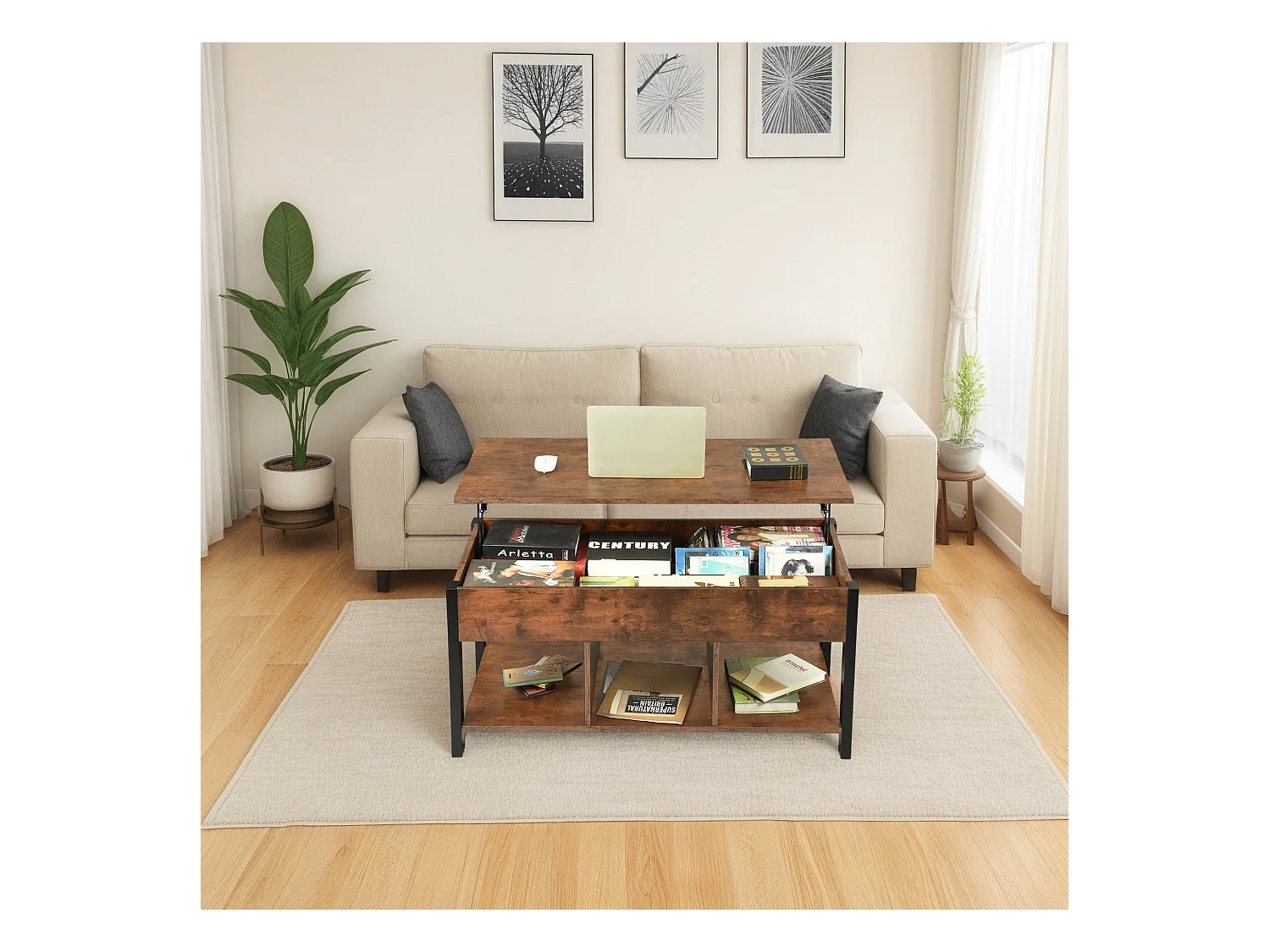 Table Basse Plateau Relevable Marron Rustique Noir 48 x 100 cm - Rangement Ouvert et Caché, Style Industriel