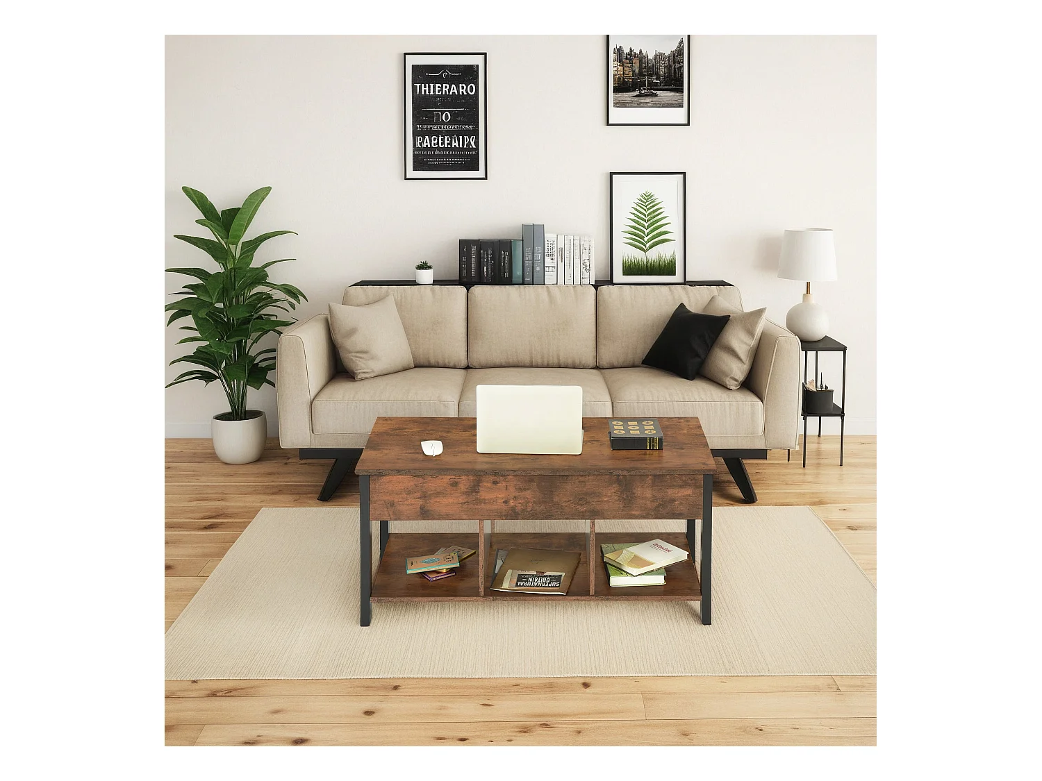 Table Basse Plateau Relevable Marron Rustique Noir 48 x 100 cm - Rangement Ouvert et Caché, Style Industriel