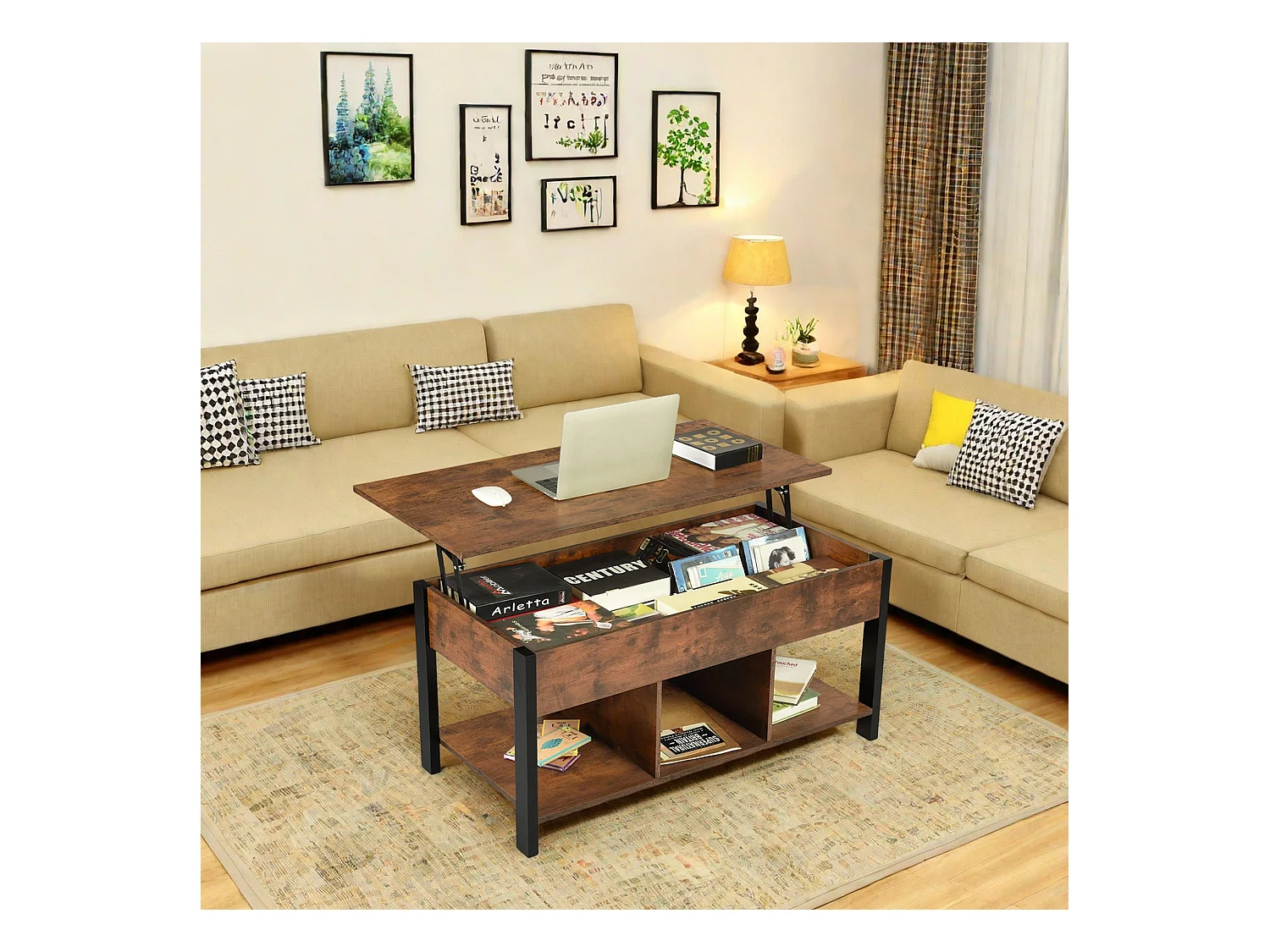 Table Basse Plateau Relevable Marron Rustique Noir 48 x 100 cm - Rangement Ouvert et Caché, Style Industriel