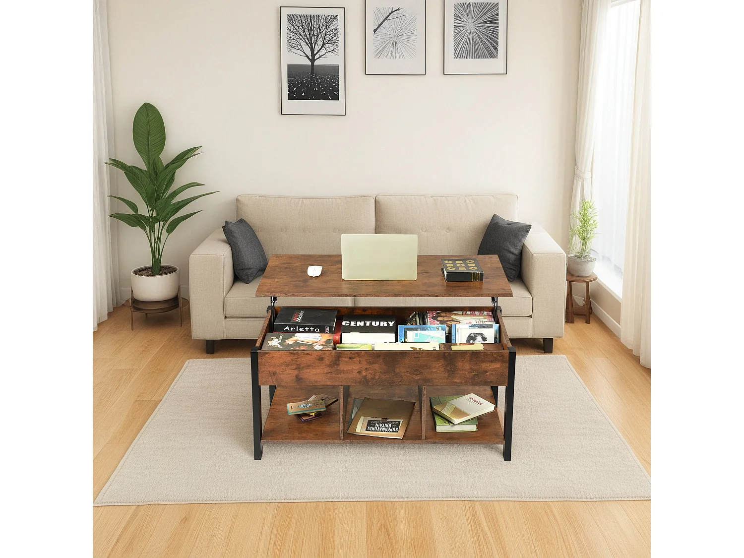 Salontafel met Verstelbaar Blad Bruin Rustiek Zwart 48 x 100 cm - Open en Verborgen Opbergruimte, Industriële Stijl