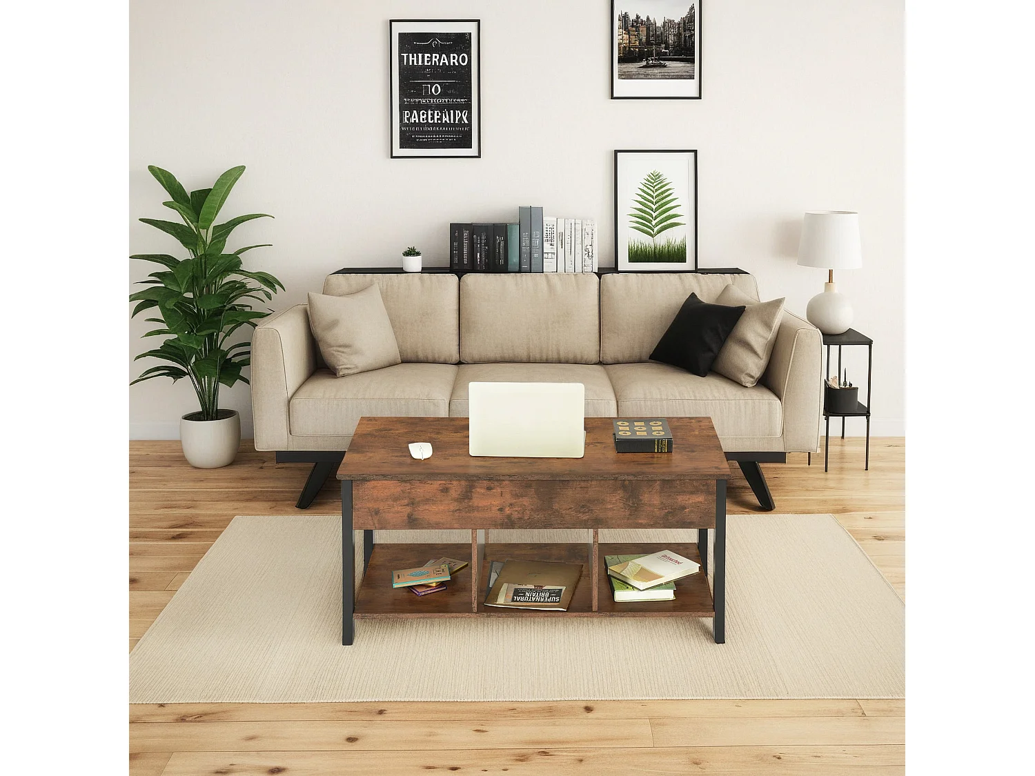 Salontafel met Verstelbaar Blad Bruin Rustiek Zwart 48 x 100 cm - Open en Verborgen Opbergruimte, Industriële Stijl