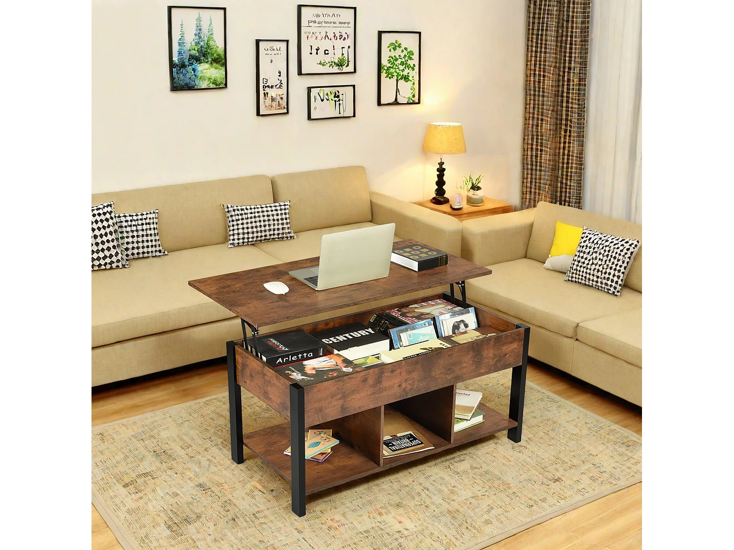 Salontafel met Verstelbaar Blad Bruin Rustiek Zwart 48 x 100 cm - Open en Verborgen Opbergruimte, Industriële Stijl