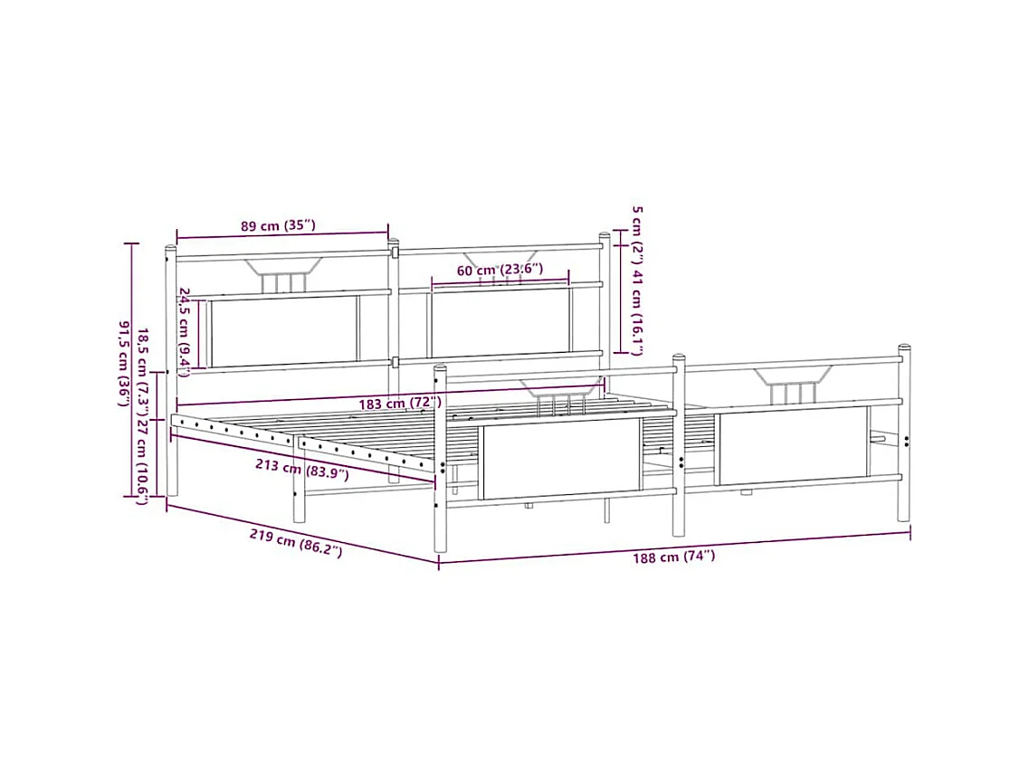 Lit double | Lit adulte | Cadre de lit en métal chêne marron 183x213 cm