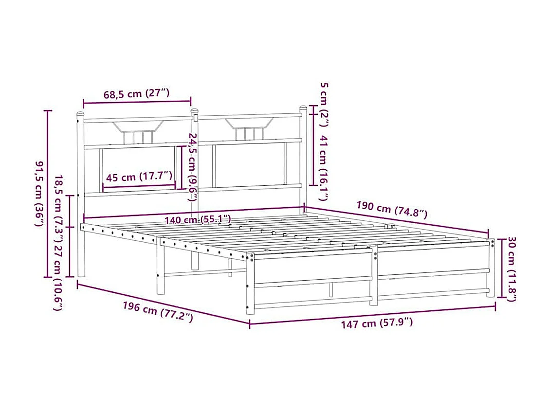Letto per adulti | Letto matrimoniale | Giroletto senza Materasso Rovere Fumo 140x190 cm in Truciolato