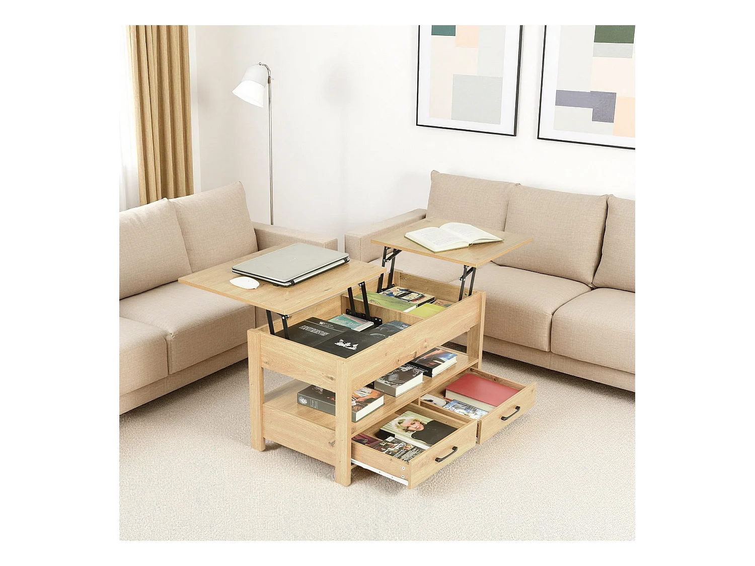 Table Basse Plateau relevable, Table de Salon rectangulaire avec tiroirs et Compartiment caché pour Salon, Bureau à Domicile, 100 x 50 x 48.5-62 cm, chêne
