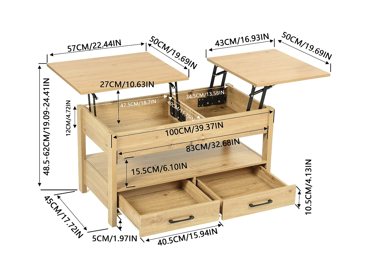 Table Basse Plateau relevable, Table de Salon rectangulaire avec tiroirs et Compartiment caché pour Salon, Bureau à Domicile, 100 x 50 x 48.5-62 cm, chêne