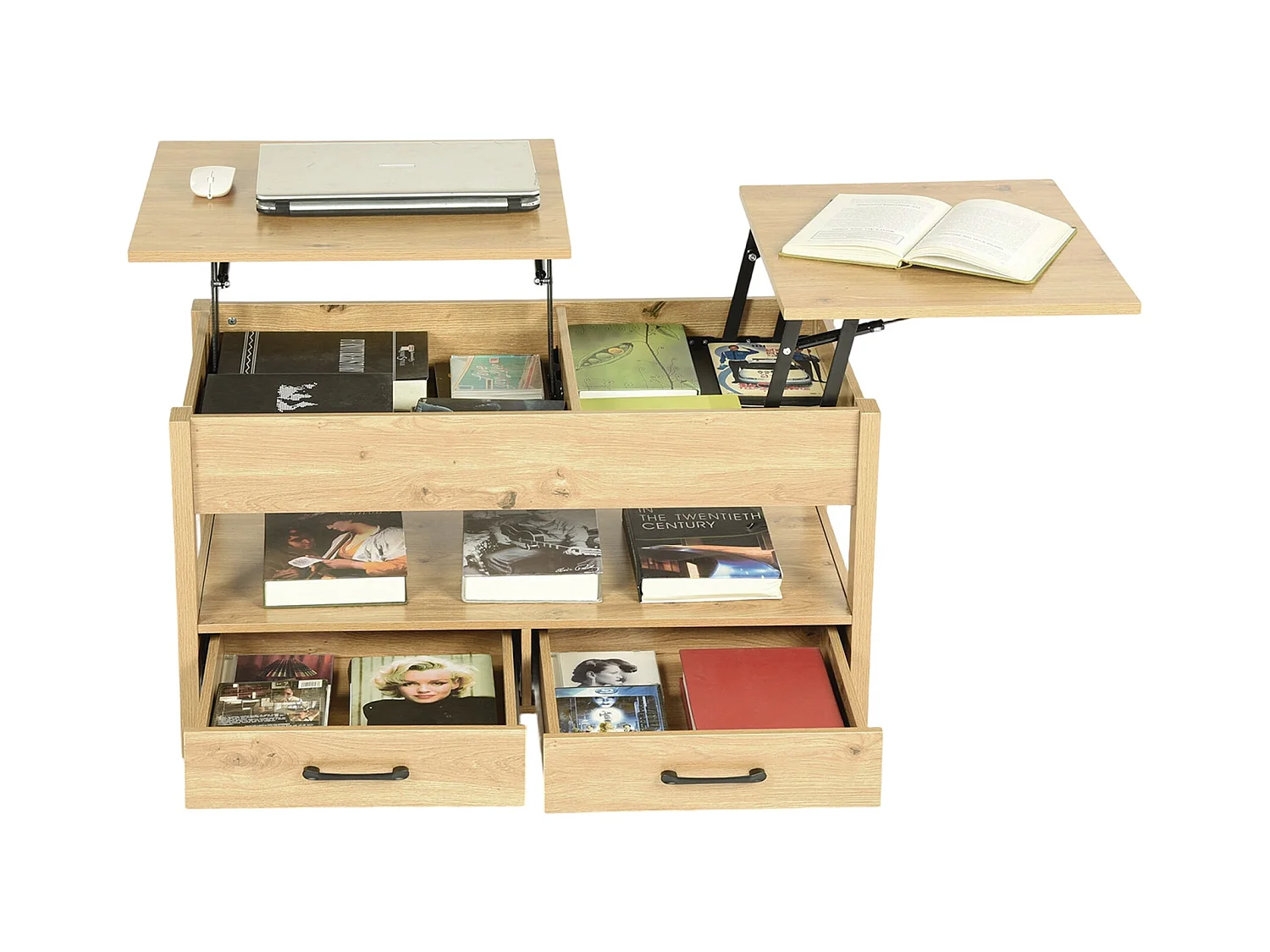 Table Basse Plateau relevable, Table de Salon rectangulaire avec tiroirs et Compartiment caché pour Salon, Bureau à Domicile, 100 x 50 x 48.5-62 cm, chêne