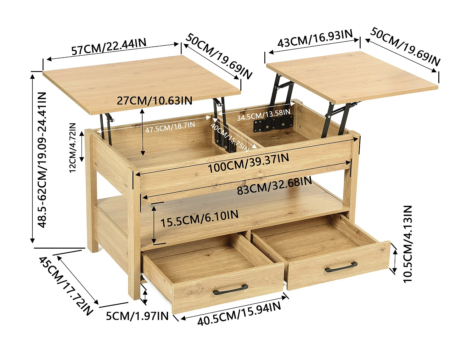 Moderne Eiken Salontafel met Verstelbaar Blad en Opbergruimte - 100 x 50 cm