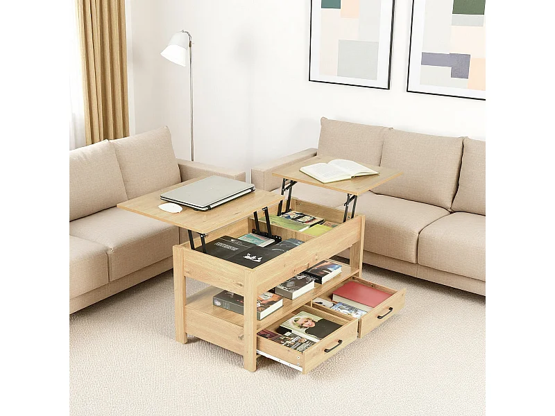 Table Basse Plateau relevable, Table de Salon rectangulaire avec tiroirs et Compartiment caché pour Salon, Bureau à Domicile, 100 x 50 x 48.5-62 cm, chêne