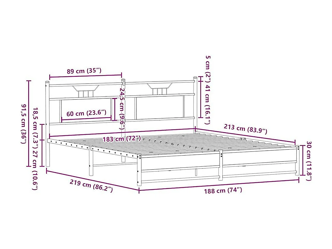 Lit double | Lit adulte | Cadre de lit en métal chêne marron 183x213 cm
