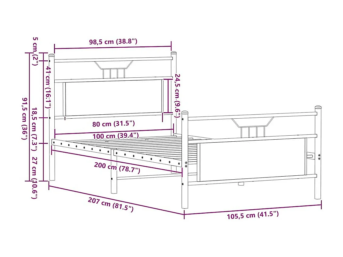 Letto per adulti | Letto singolo | Giroletto senza Materasso Rovere Fumo 100x200 cm in Truciolato