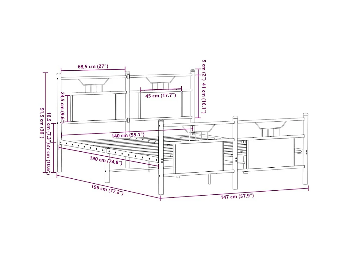 Lit double | Lit adulte | Cadre de lit chêne fumé 140x190 cm bois ingénierie