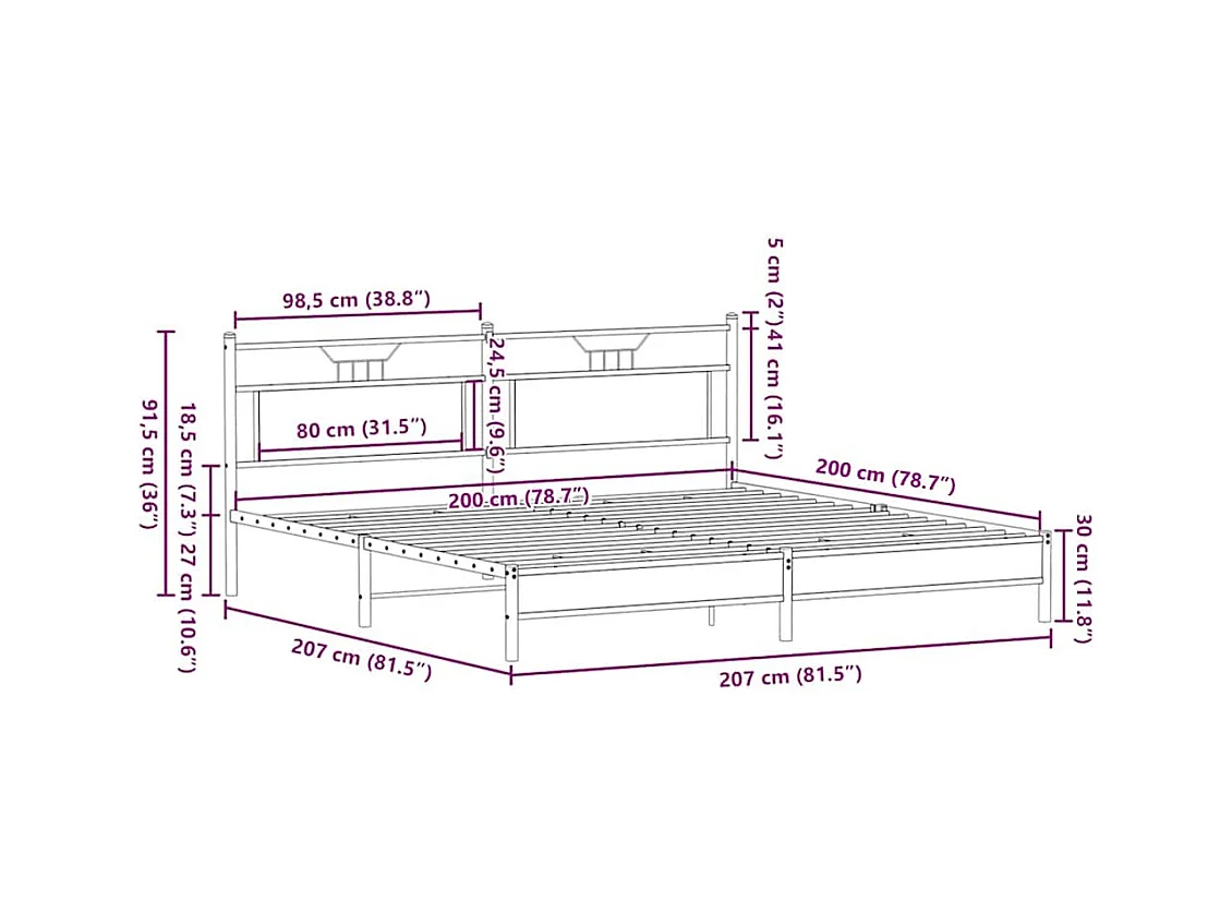 Lit double | Lit adulte | Cadre de lit en métal chêne marron 200x200 cm