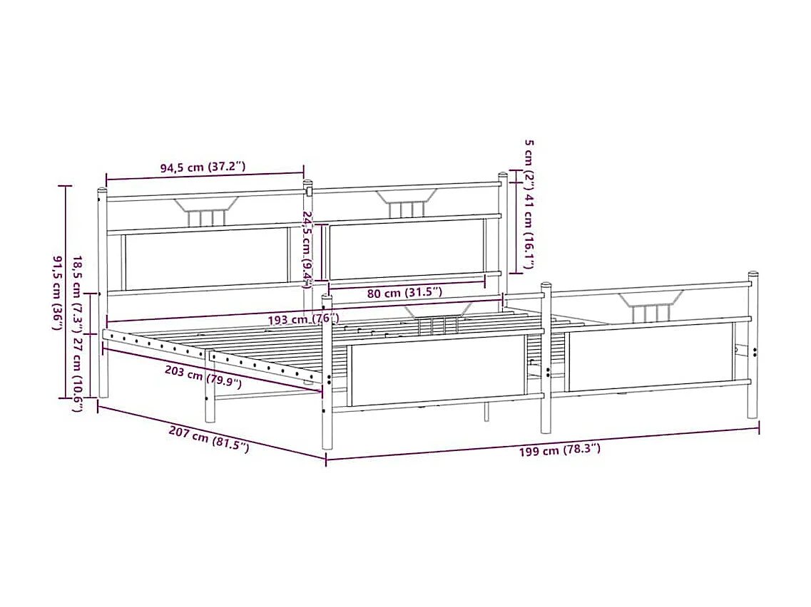 Lit double | Lit adulte | Cadre de lit en métal chêne marron 193x203 cm