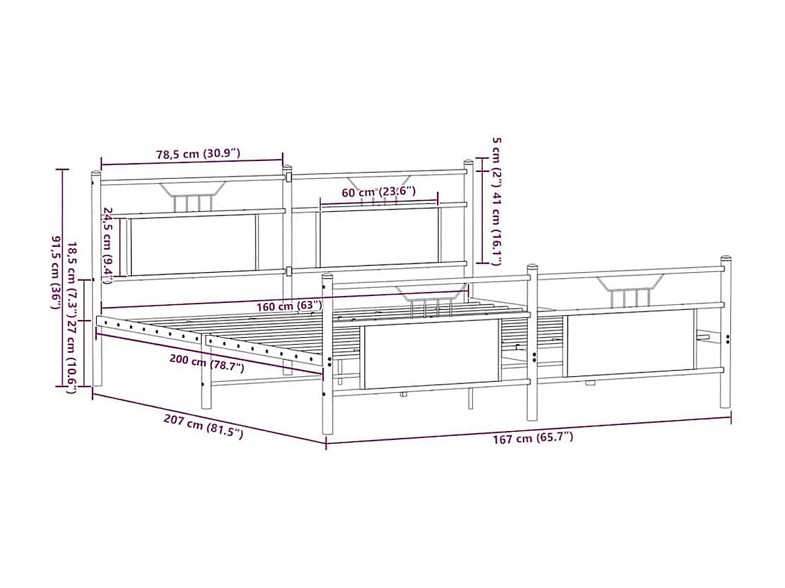 Letto per adulti | Letto matrimoniale | Giroletto senza Materaso in Metallo Rovere Marrone 160x200 cm
