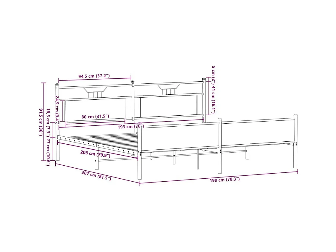 Lit double | Lit adulte | Cadre de lit en métal chêne fumé 193x203 cm