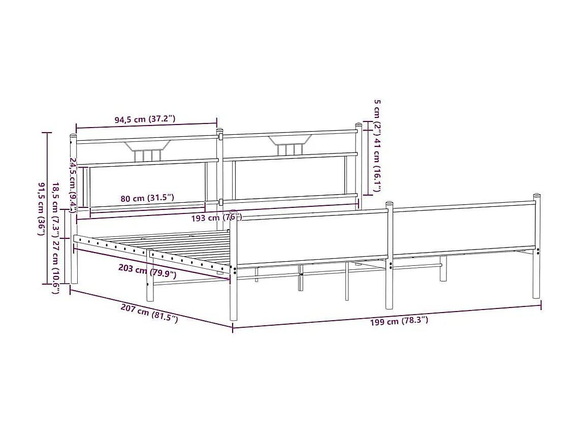 Bedframe | Tweepersoonsbed zonder matras metaal gerookt eikenkleurig 193x201 cm