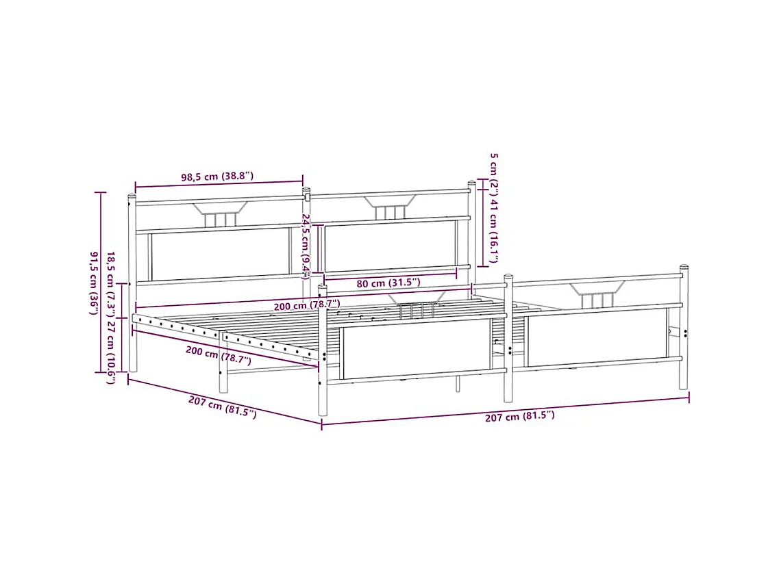 Lit double | Lit adulte | Cadre de lit en métal chêne marron 200x200 cm