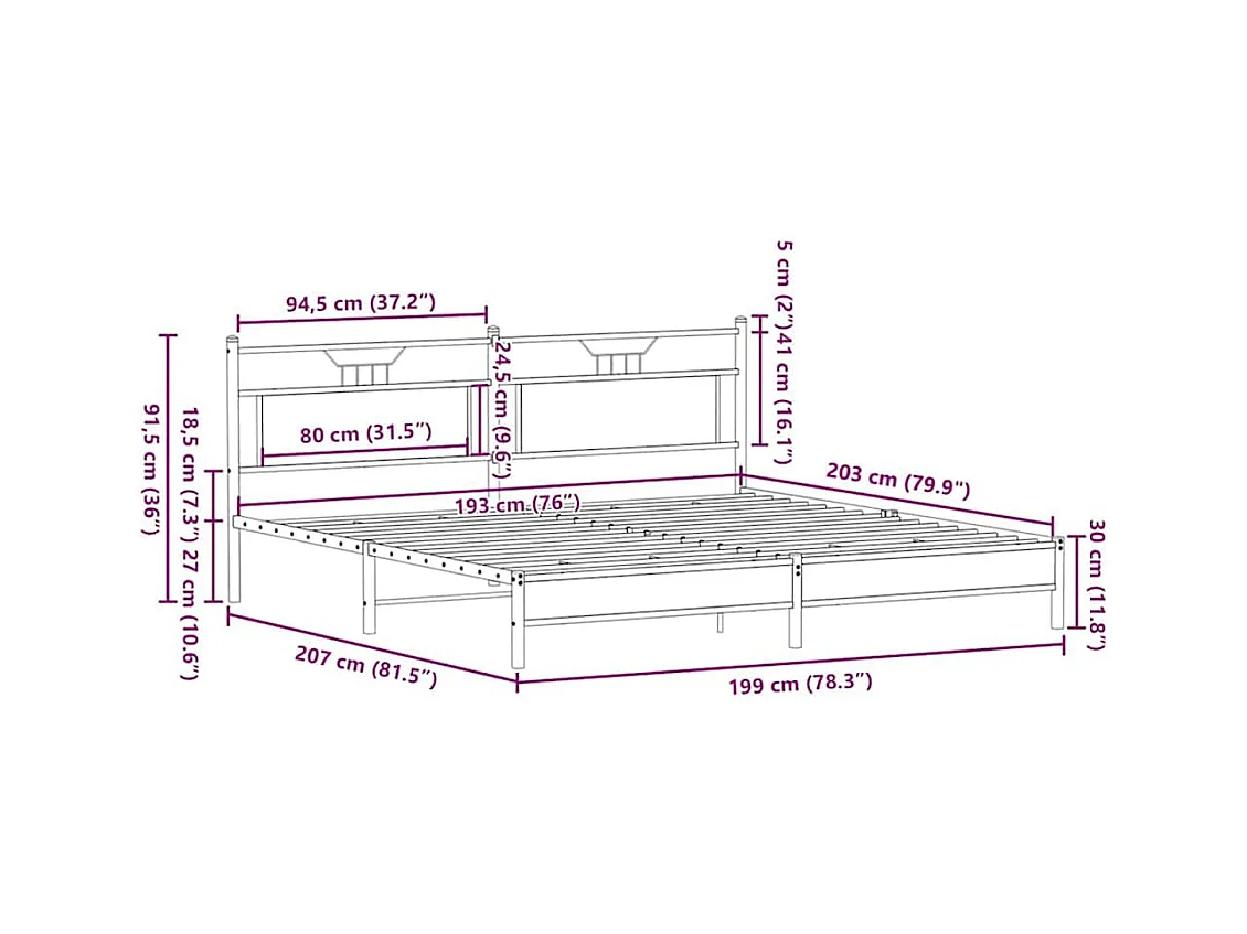 Lit double | Lit adulte | Cadre de lit en métal chêne marron 193x203 cm