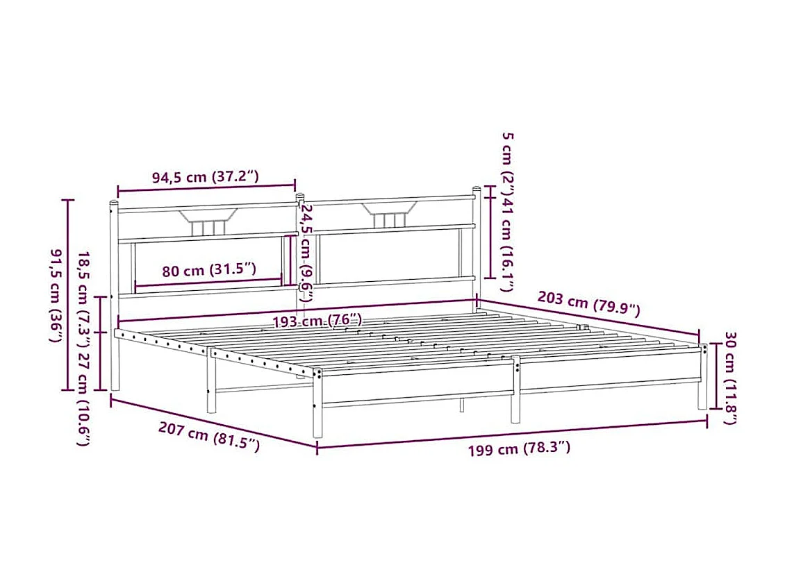 Lit double | Lit adulte | Cadre de lit en métal chêne marron 193x203 cm