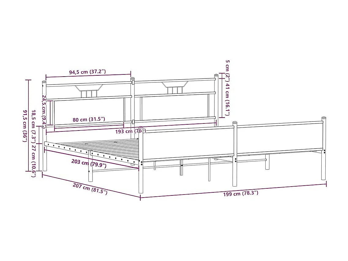 Lit double | Lit adulte | Cadre de lit en métal chêne sonoma 193x203 cm