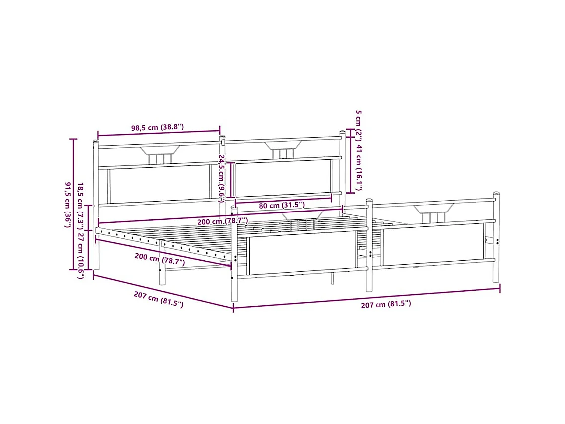 Lit double | Lit adulte | Cadre de lit en métal chêne fumé 200x200 cm