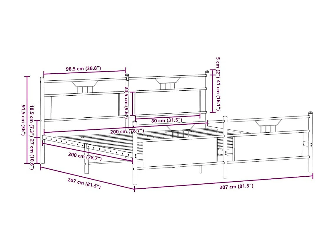 Lit double | Lit adulte | Cadre de lit en métal chêne fumé 200x200 cm