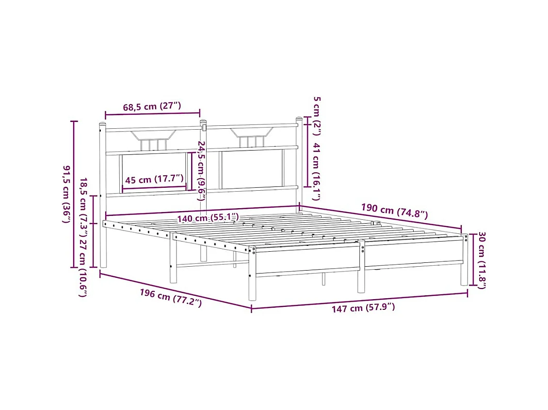 Lit double | Lit adulte | Cadre de lit chêne marron 140x190 cm