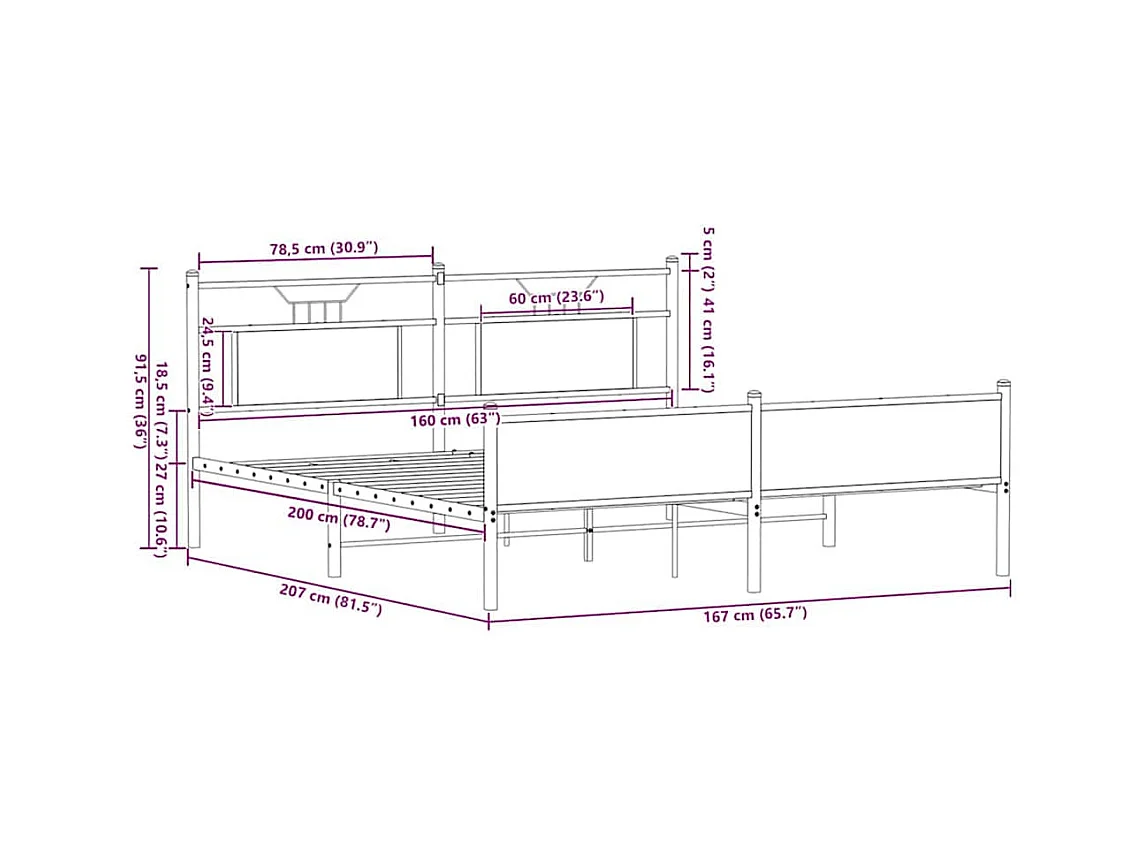 Lit double | Lit adulte | Cadre de lit en métal chêne marron 160x200 cm