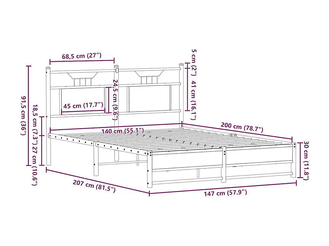 Letto per adulti | Letto matrimoniale | Giroletto senza Materasso Rovere Fumo 140x200 cm in Truciolato