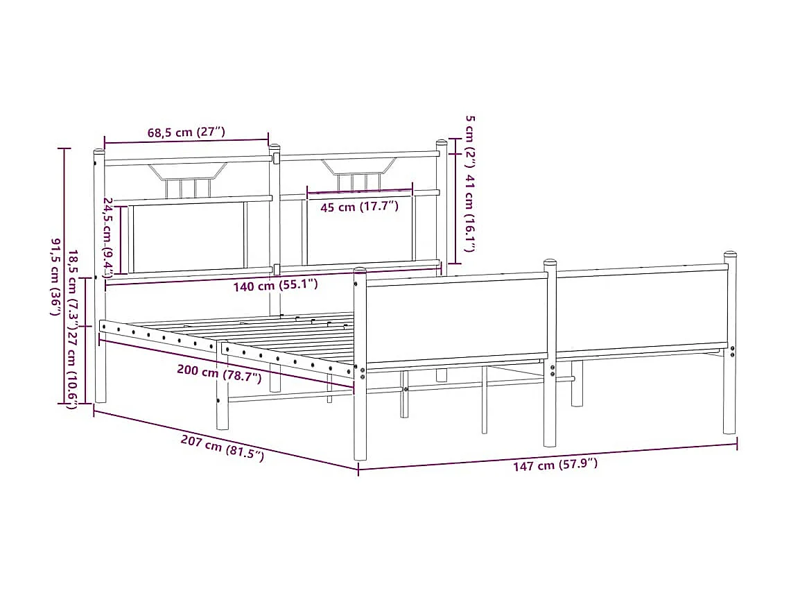 Letto per adulti | Letto matrimoniale | Giroletto senza Materasso Rovere Fumo 140x200 cm in Truciolato