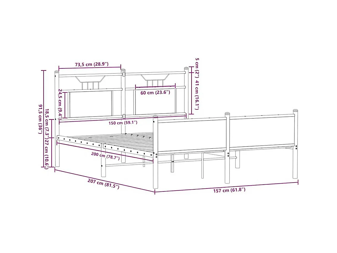 Lit double | Lit adulte | Cadre de lit chêne marron 150x200 cm