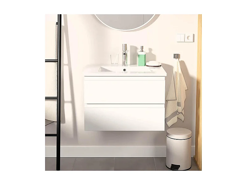 Ensemble simple vasque 60cm avec plan céramique et robinet chromé