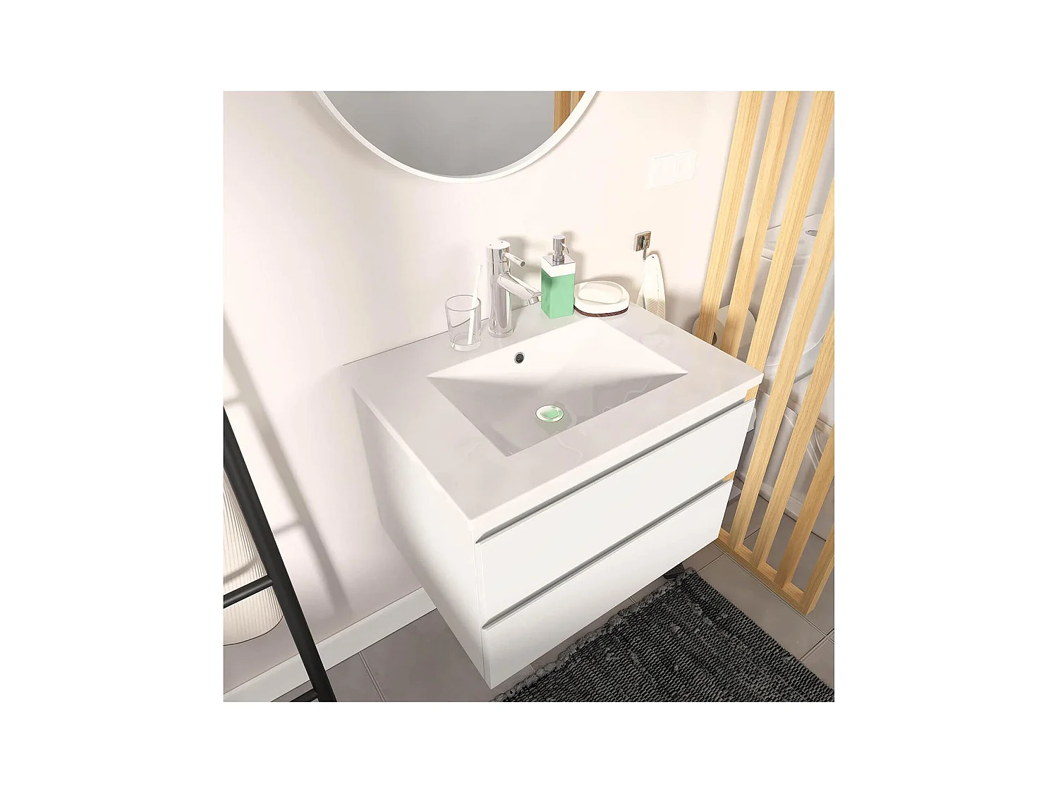 Einzelwaschtisch-Set 60 cm mit Keramikplatte und Chromhahn SORRENTO