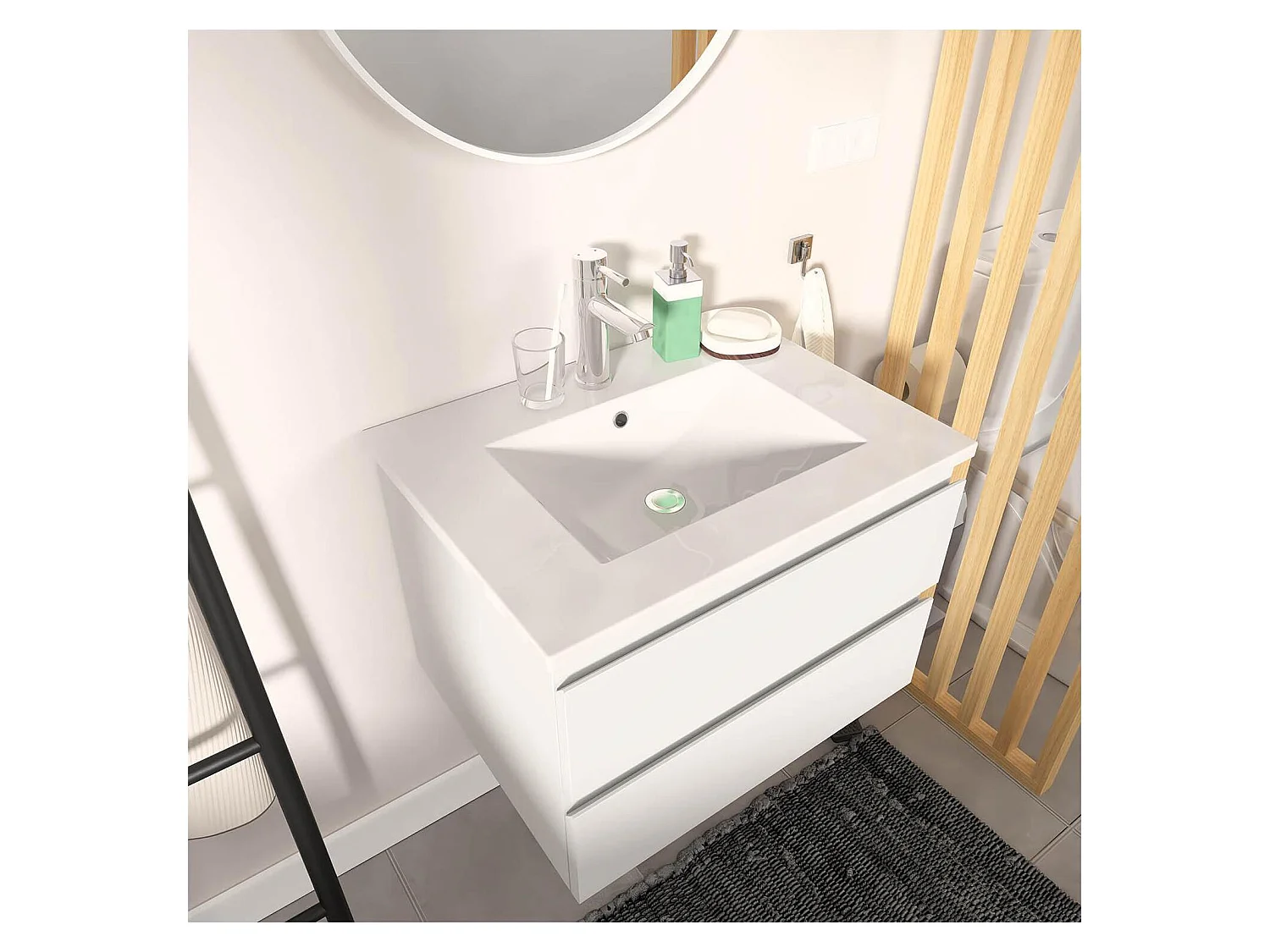 Ensemble simple vasque SORRENTO 60cm avec plan céramique et robinet chromé