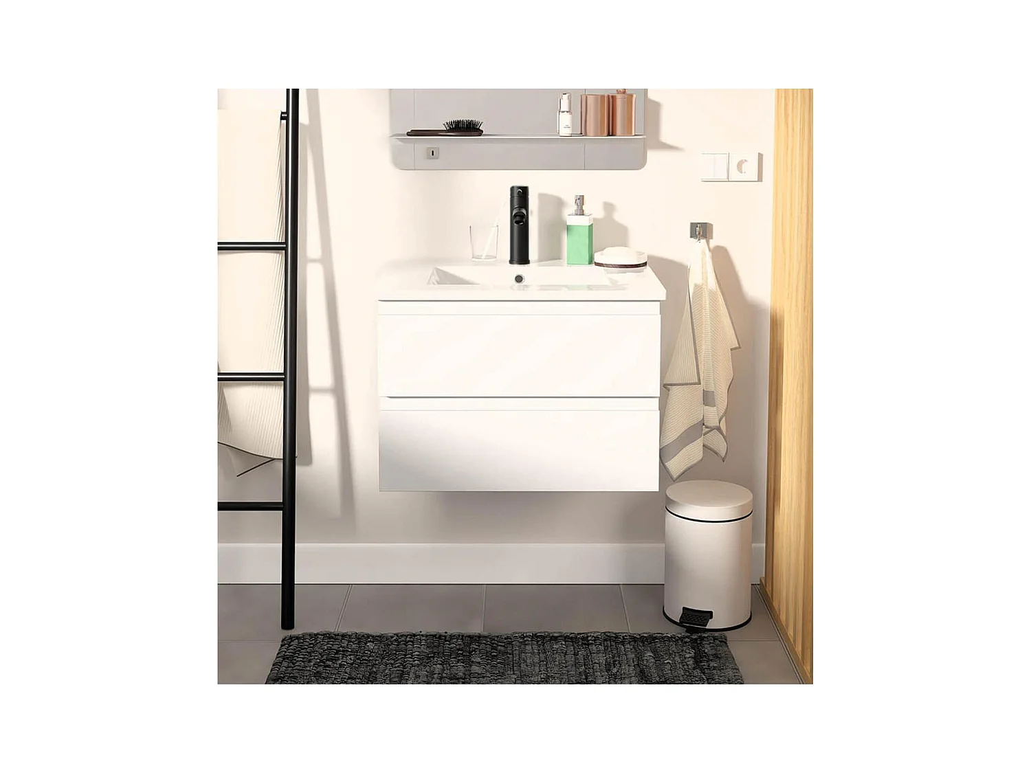 Set lavabo singolo 60cm con piano in ceramica e rubinetto nero SORRENTO
