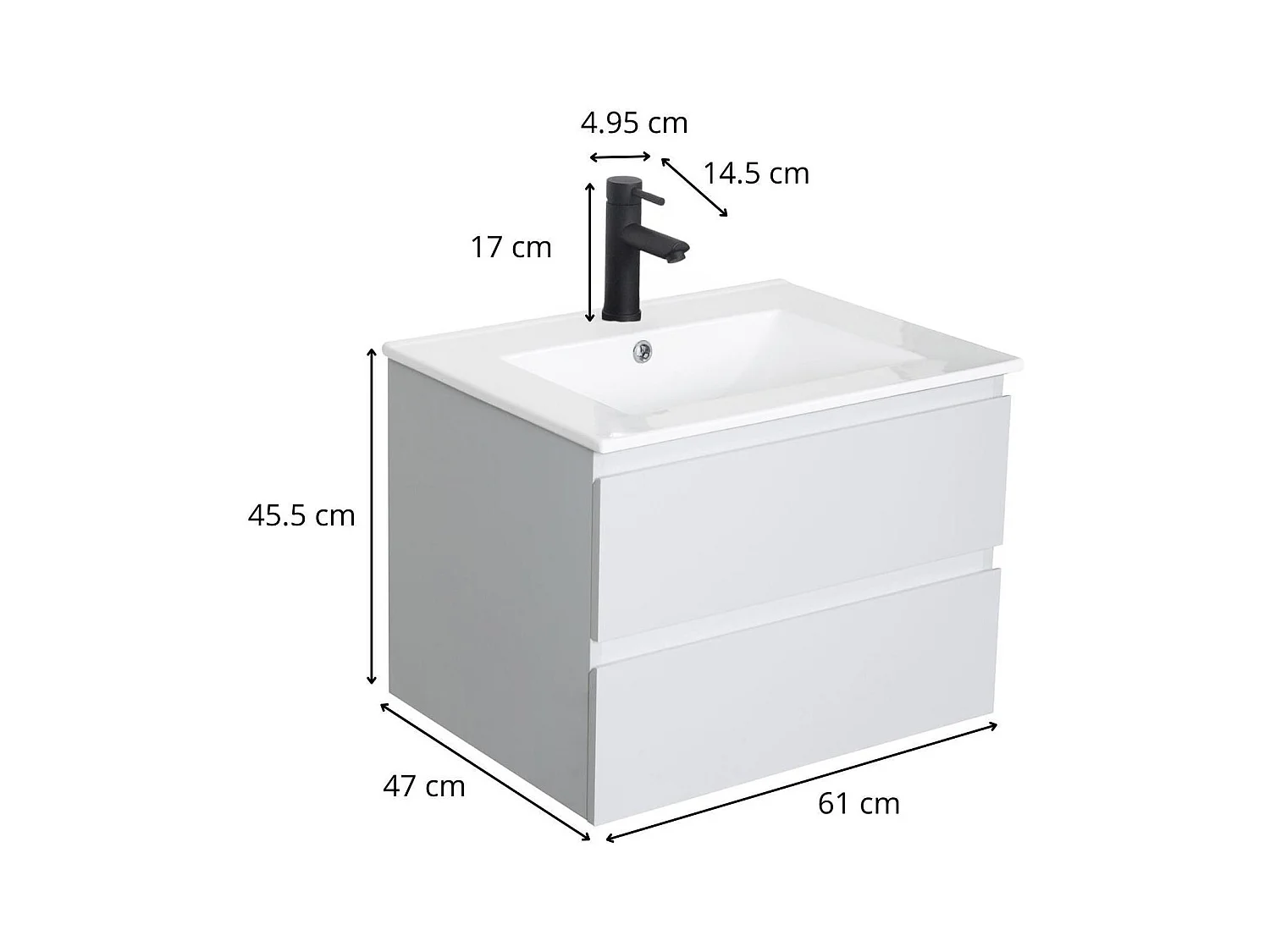 Ensemble simple vasque 60cm avec plan céramique et robinet noir