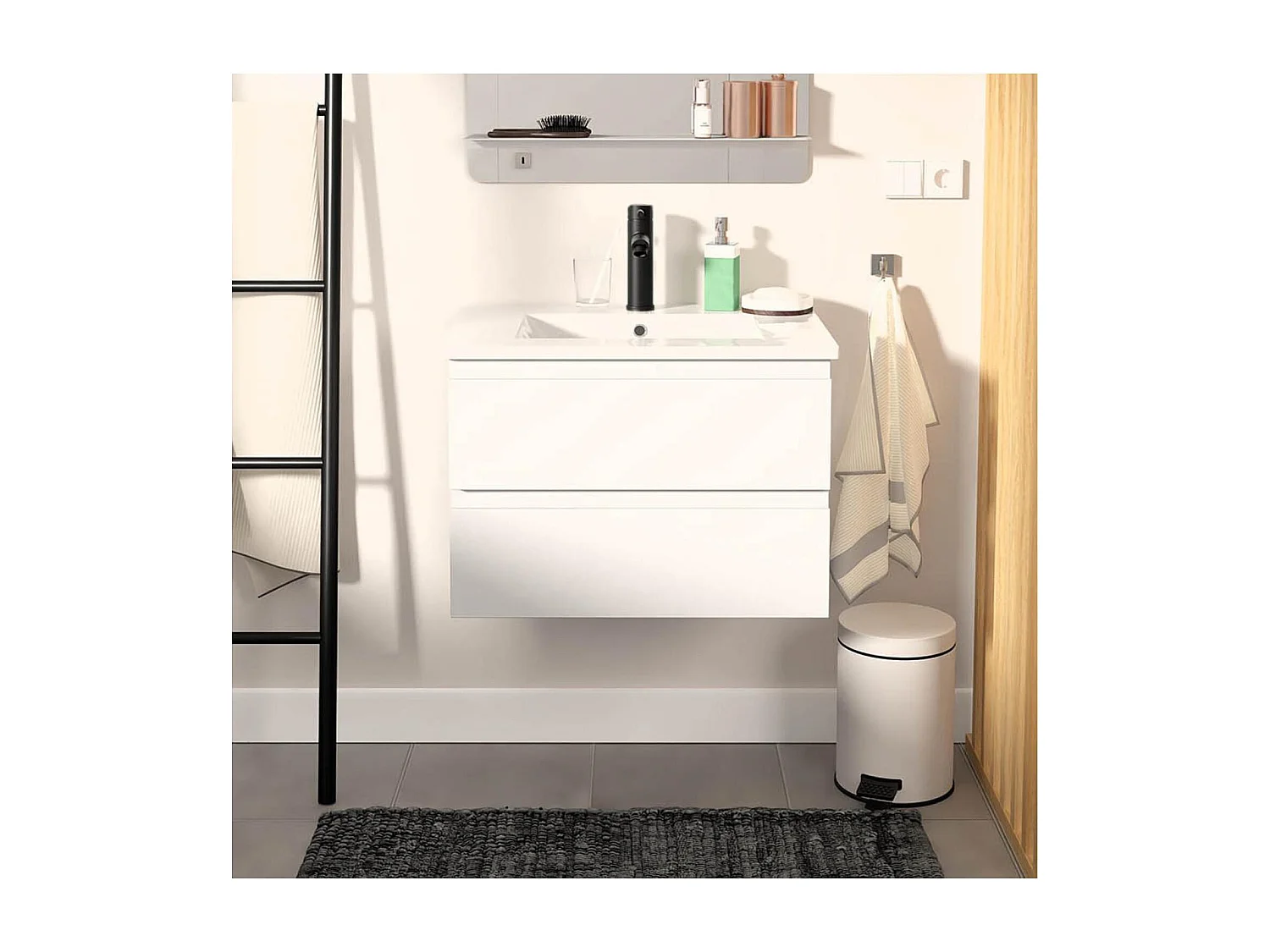 Set lavabo singolo 60cm con piano in ceramica e rubinetto nero SORRENTO