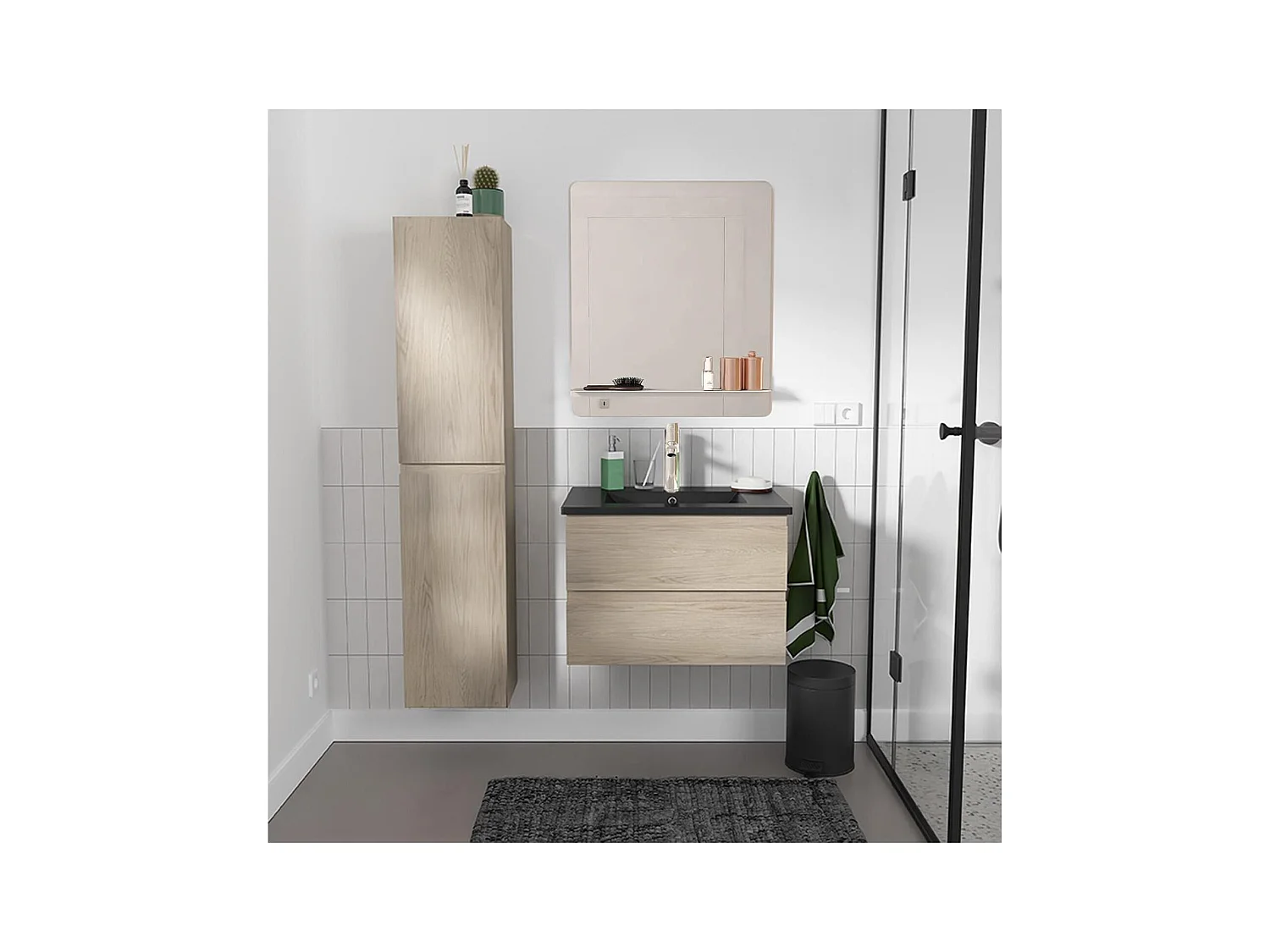 Ensemble simple vasque 60cm avec plan céramique, robinet chromé, miroir et colonne