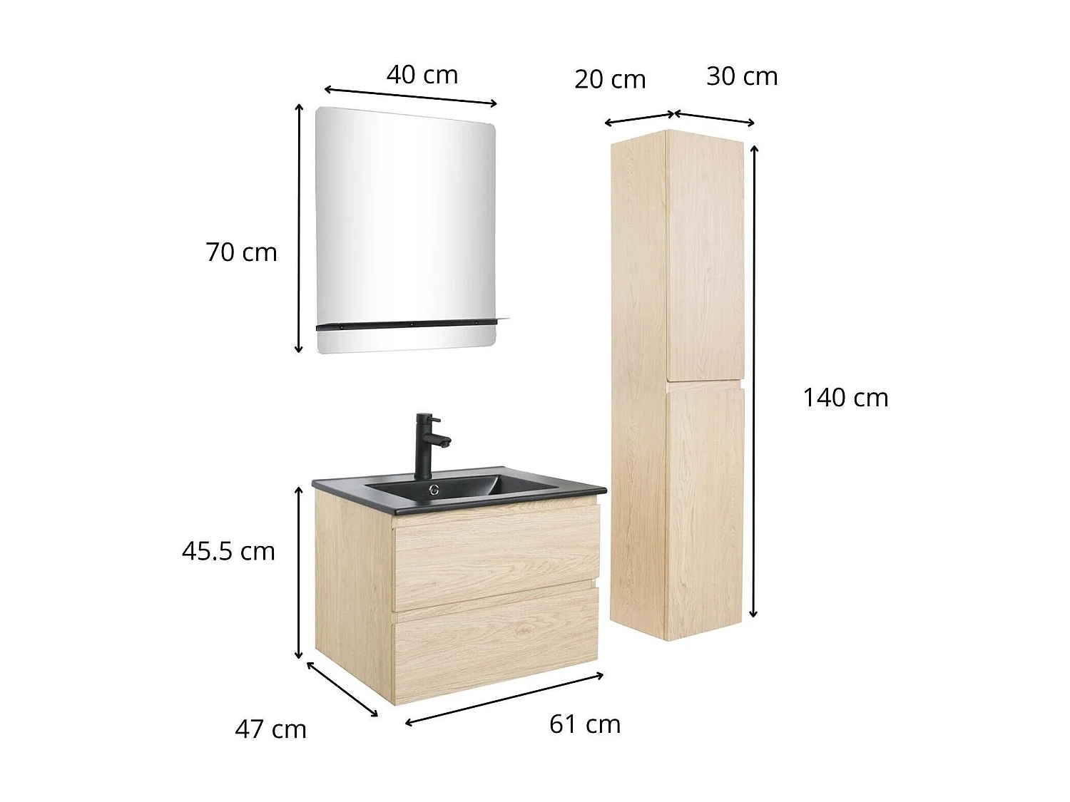 Enkele spoelbakset 60 cm + kraan + spiegel + SORRENTO kolom