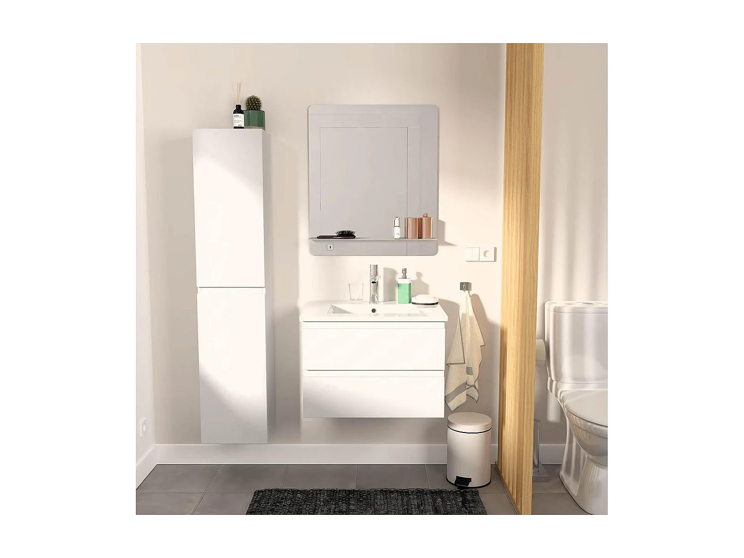 Ensemble simple vasque 60cm avec plan céramique, robinet chromé, miroir et colonne