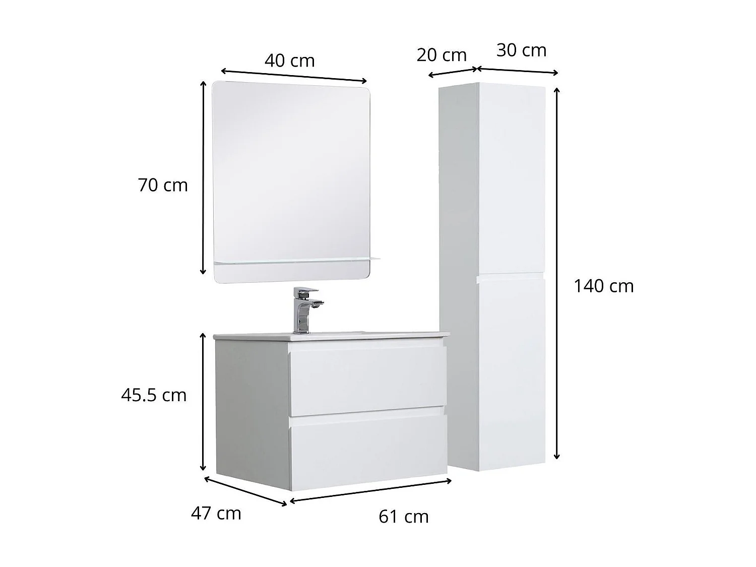 Ensemble simple vasque 60cm avec plan céramique, robinet chromé, miroir et colonne