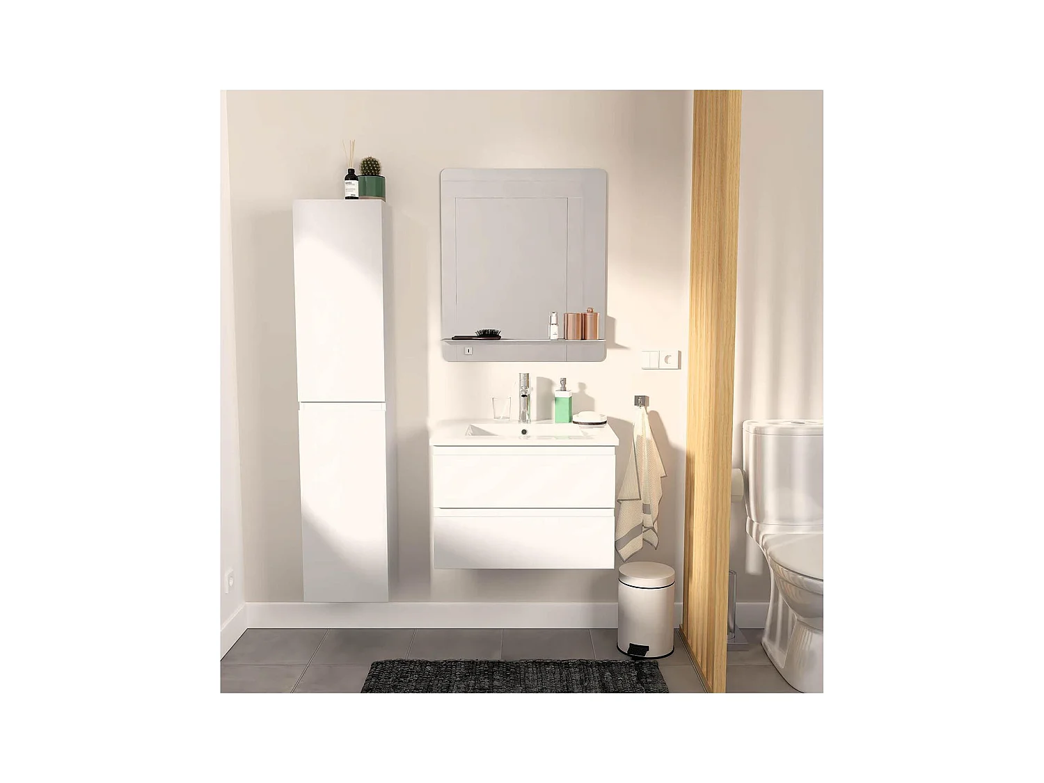 Conjunto mueble de lavabo sencillo 60 cm + grifo + espejo + columna SORRENTO